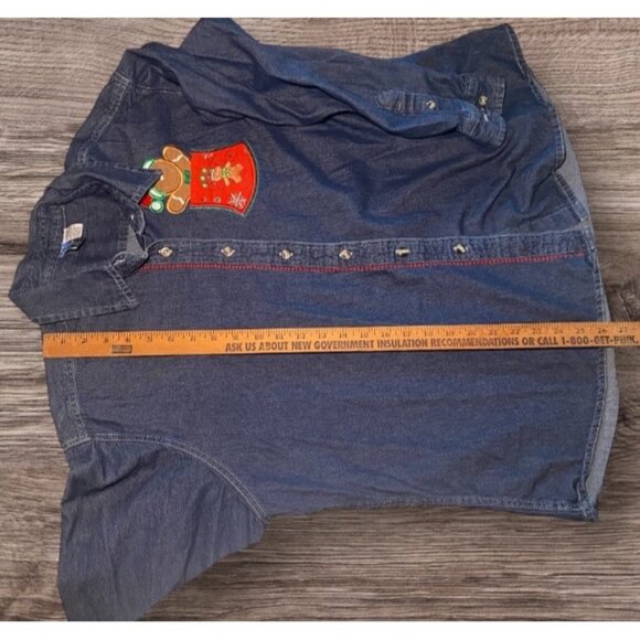 Denim Button-Up Shirt Gingerbread Man Christmas Pocket Design Holiday Party - Picture 5 of 7